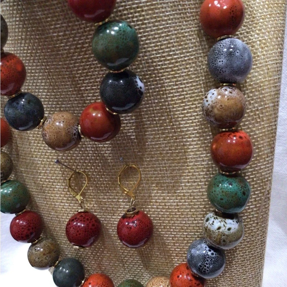Tribal Earth Toned Colorful Beaded Necklace, Bracelet, and Earring Set